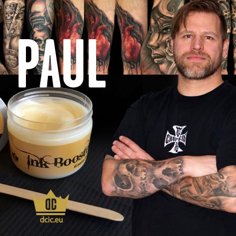 Paul recommends the high quality tattoo care Ink Booster and Ink Protector of the DC Invention Company.