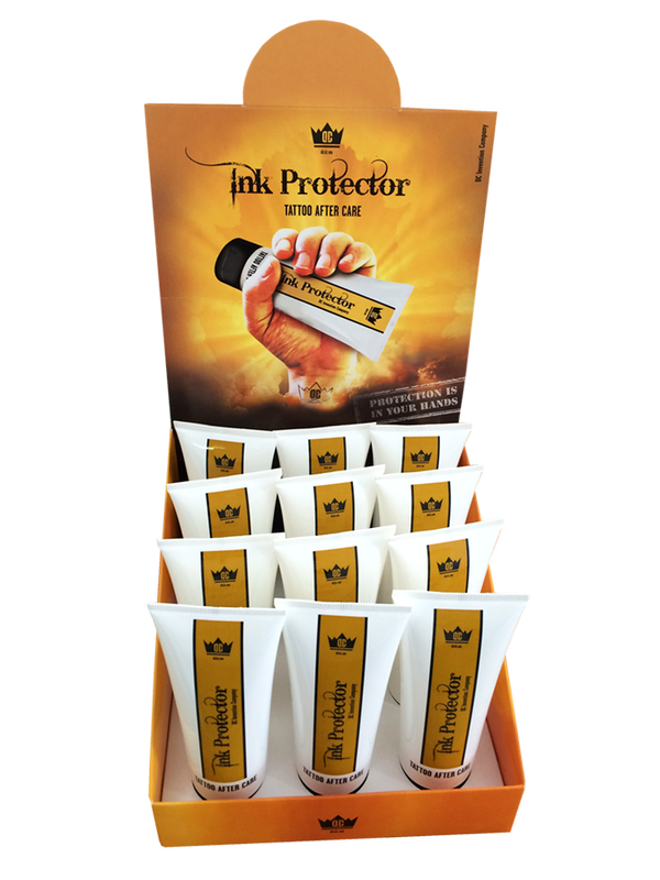 Ink Protector tattoo aftercare display with nine tubes